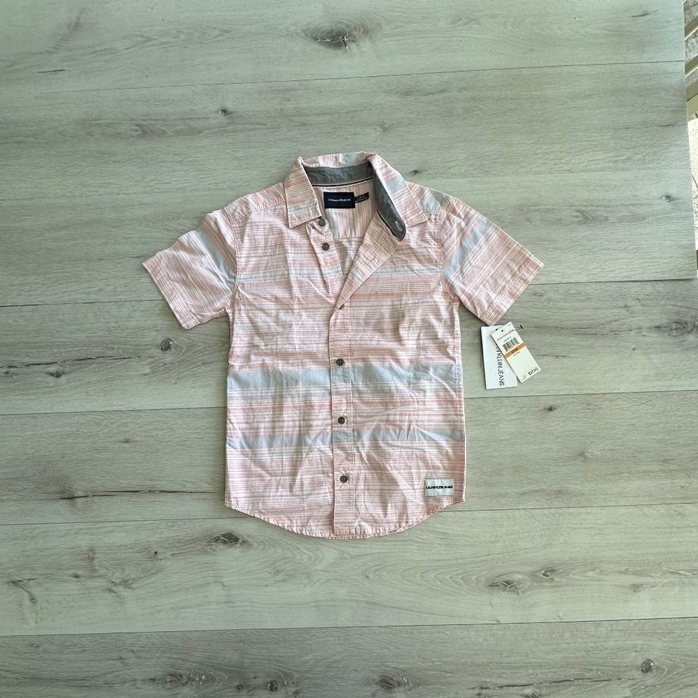 Calvin Klein Jeans Striped Cotton Button Down Short Sleeve Lt Coral S NWT